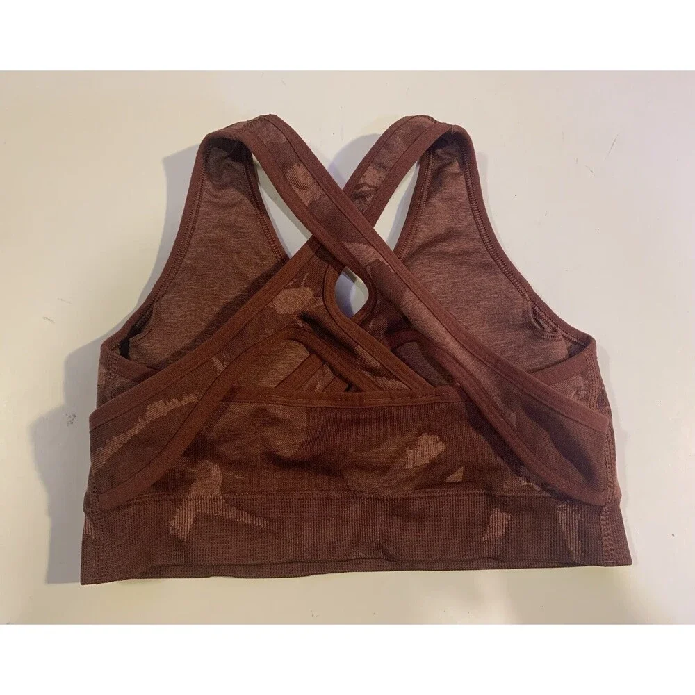 GYMSHARK ADAPT CAMO SEAMLESS SPORTS BRA MAROON SIZE SMALL (#1)
